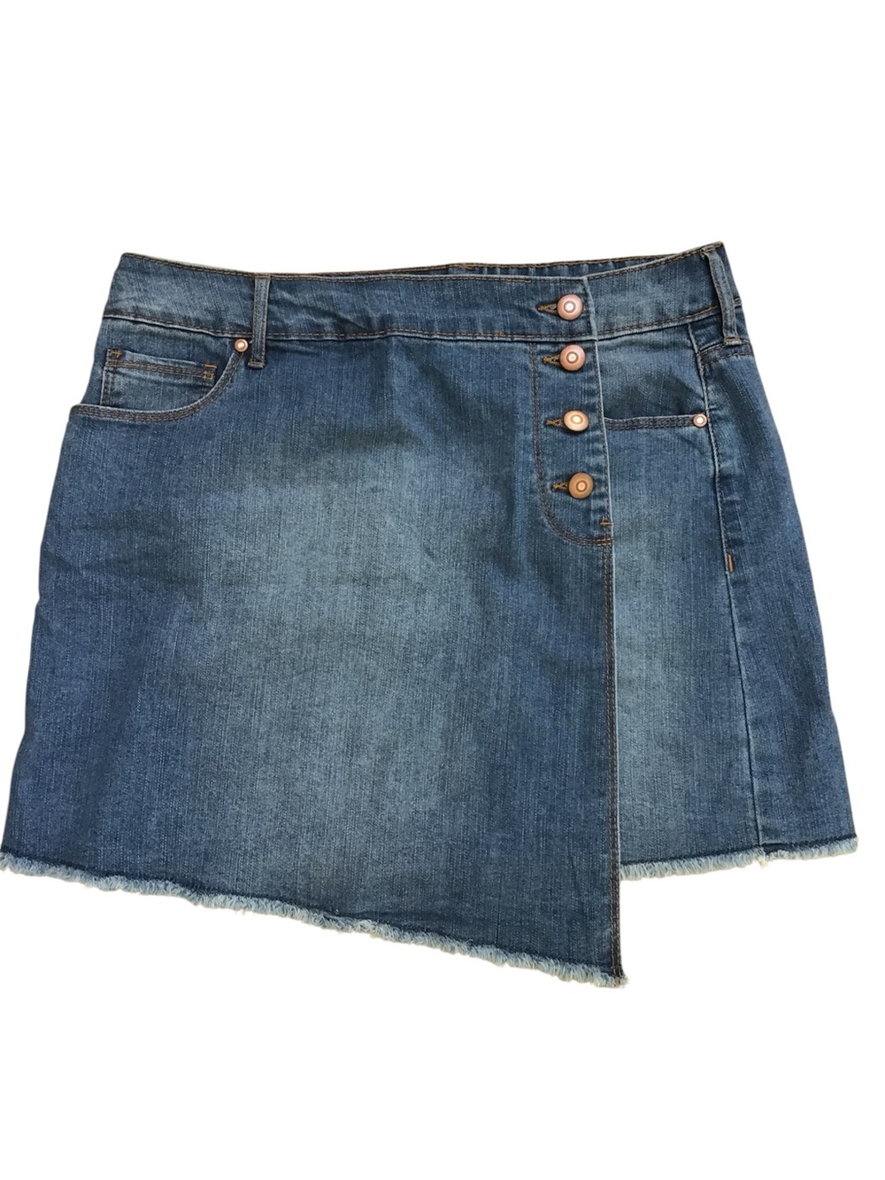 Blue Jean Denim Asymmetrical Wrap Faded Frayed Mini Skirt Sz 9 Military Buttons